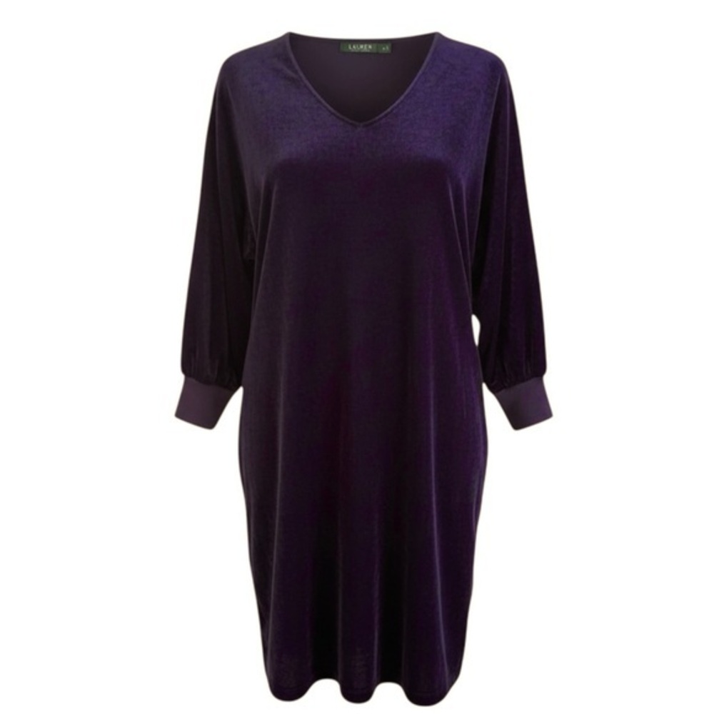 Lauren Ralph Lauren Purple Velvet Shift Dress Fully Lined V Neck Long Sleeve 6